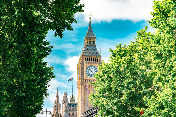 Big Ben in the Clock Tower at the Palace of Westminster in London stock photo