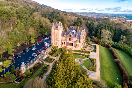 Belfast castle. Tourist attraction on the slopes of Cavehill Country Park in Belfast, Northern Ireland. Aerial view