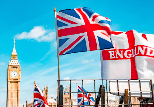Union Jack British Flag Flies at Houses of Parliament London