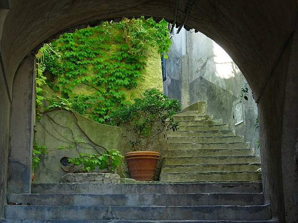 Charming typical passageway with steps, in an italian village. Nice subtle green light.