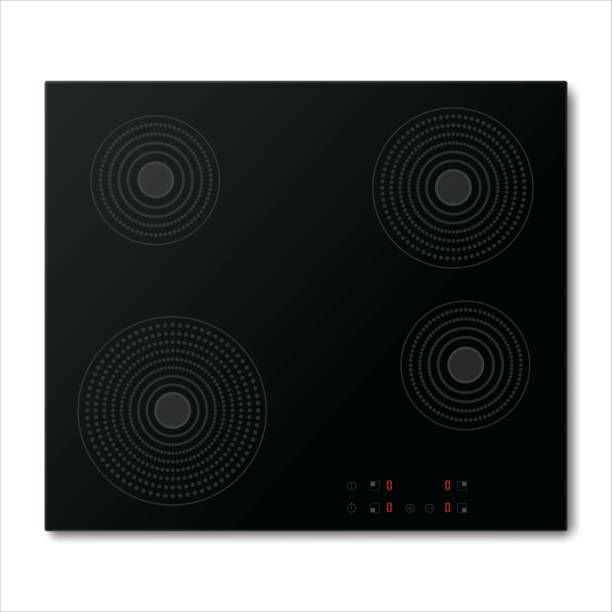 ilustrações de stock, clip art, desenhos animados e ícones de electric stove induction cooktop with four power boost burners. domestic equipment. realistic smooth surface ceramic black glass. electric hob. top view. home appliance. vector illustration - stove top