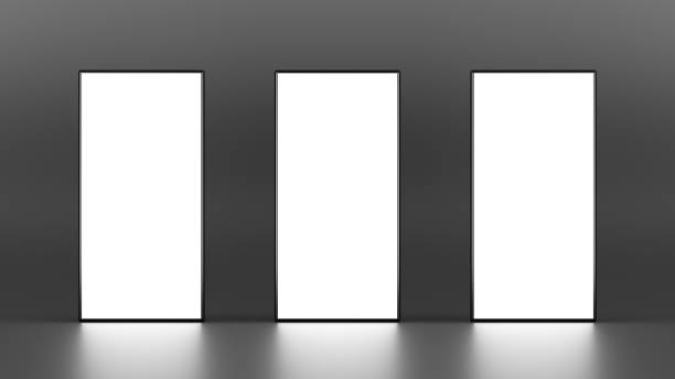 three rectangle lightboxe stands on dark background. 3d illustration - lightbox imagens e fotografias de stock