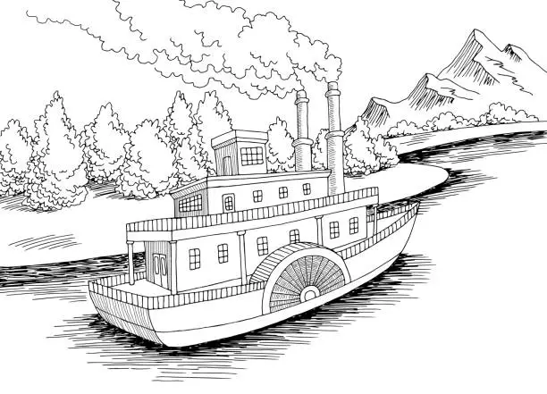 Vector illustration of Paddle steamer ship graphic black white landscape sketch illustration vector