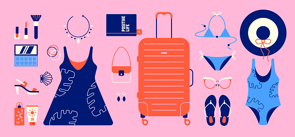 Items that can be found in the luggage of women on holiday travel. Summer dress, shoes, sunscreen, cosmetics, jewelry, handbag, swimsuit, bikini, beach hat, slippers, sunglasses, and a book up around the suitcase.