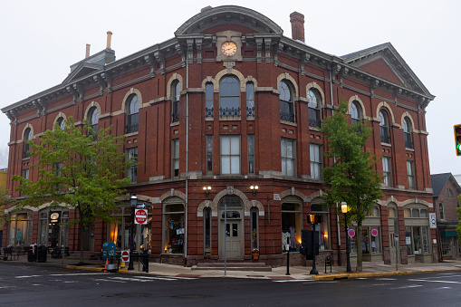 Doylestown, Pa. USA, May 14, 2022: facade of Lenape Hall building in Doylestown, Pa. USA