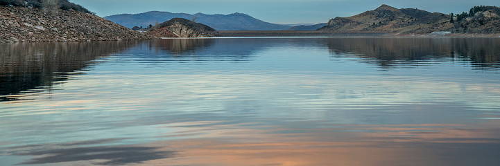calm winter dusk over Horsetooth Reservoir in northern Colorado, wide web banner