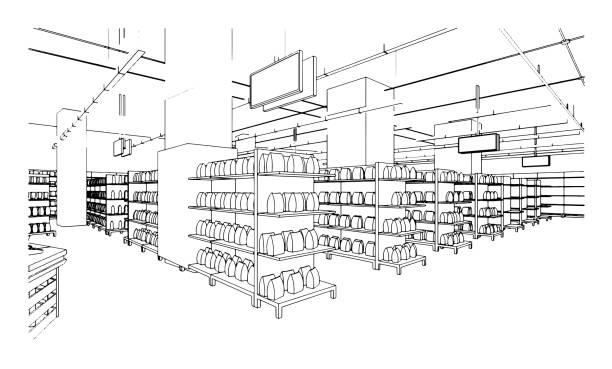 strichzeichnung des supermarktes, modernes design, 3d-rendering - architectural background illustrations stock-grafiken, -clipart, -cartoons und -symbole