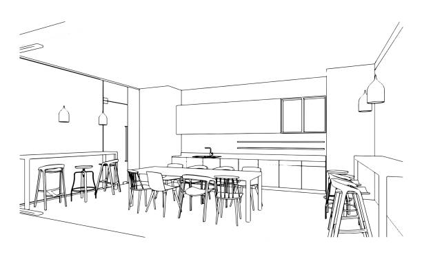 istock line drawing of  pantry area and dining table,Modern design,3d rendering 1399922223