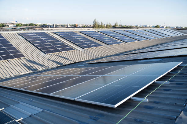 Photovoltaic power plant on a roof. stock photo