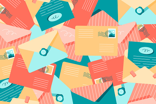 Pile of different colorful envelopes. Flat vector background in cartoon style.