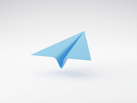Blue paper aero plane icon on white background as email or education cartoon symbol for learning or message sending technology 3D rendering illustration