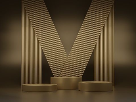 Minimalism golden abstract pedestal podium with geometric pipe stacks and  background for product presentation 3D rendering illustration