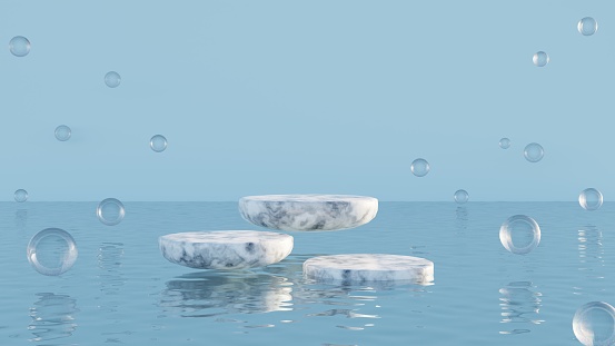 Abstract empty mockup marble product display platform levitating in the midair above water surface with spherical air bubble balls for product presentation 3D rendering illustration