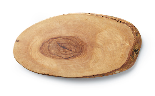 new olive wood cutting board isolated on white background, top view