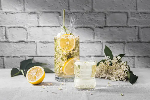 Homemade fresh elder flower juice with lemon in rustic ambient served on a table with a glass.