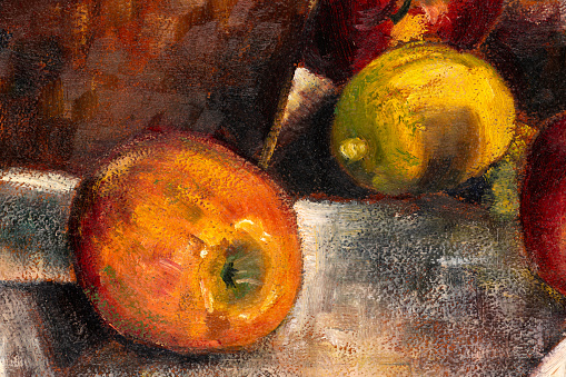 Macro shot of still life painting of  apples and lemons. Large brush strokes oil painting detailed texture.