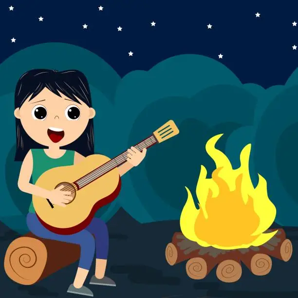 Vector illustration of cute little girl sits and plays the guitar by the fire at night.