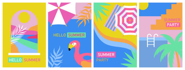 letni zestaw do projektowania plakatów. letnie wakacje, impreza na plaży lub impreza przy basenie. tło szablonu broszury, banera lub ulotki. - party umbrella stock illustrations