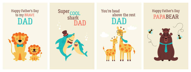 Happy Father's day greeting card set with cute animals. Childish print for cards and stickers decoration Happy Father's day greeting card set with cute animals. Childish print for cards and stickers decoration giraffe calf stock illustrations