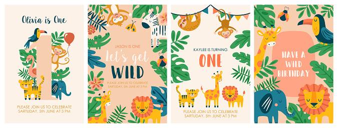 Birthday party invitation set with cute jungle animals. Childish print for greeting cards and templates