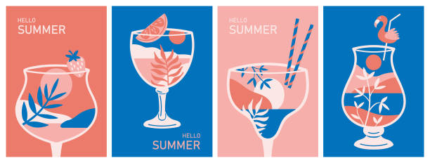 Modern wall art print set. Abstract cocktail glasses with sea beach landscape. Summer template for greeting card, banner, packaging, cover and social media design Modern wall art print set. Abstract cocktail glasses with sea beach landscape. Summer template for greeting card, banner, packaging, cover and social media design beach bar stock illustrations