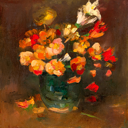 Still life hand made oil painting on canvas depicting flowers bouquet in a vase, impressionism style.