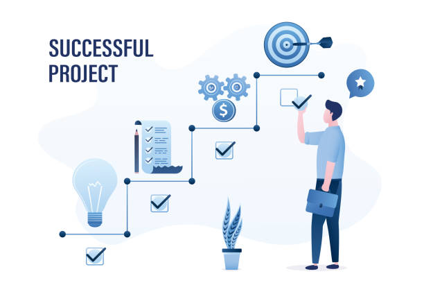 Project management, concept banner. Confident businessman finished successful project. Male employee on last stage of business plan. Business elements and signs. vector art illustration
