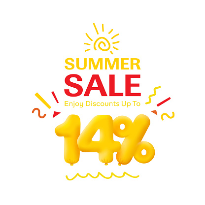 Special offer sale 14% discount 3D number Yellow tag voucher vector illustration. Discount season label 14 percent off promotion advertising summer sale coupon promo marketing banner holiday weekend