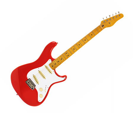 Guitarra eléctrica roja y blanca con mástil de arce y diapasón photo