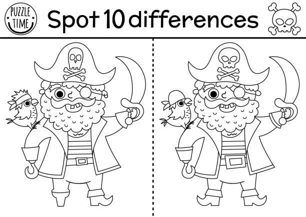 Black and white find differences game for children. Sea adventures line educational activity with cute pirate with parrot and sable. Treasure island printable worksheet, coloring page for kids Black and white find differences game for children. Sea adventures line educational activity with cute pirate with parrot and sable. Treasure island printable worksheet, coloring page for kids sable stock illustrations