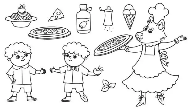 Vector illustration of Black and white set with cook wolf and two boys, pizza, gelato, spaghetti, olive oil. Coloring page for Italian cuisine restaurant. Traditional Rome food and chef illustration. Funny clipart for kids