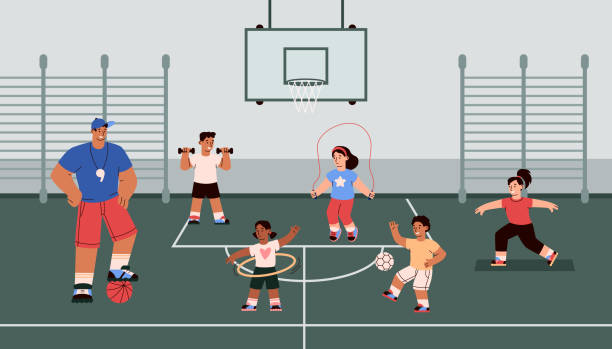 Children in the gym with a trainer physically train, vector flat illustration. Children in the gym with a trainer physically train, vector flat illustration. Children at school play with a ball, do sports, fitness. Physical education lesson for children's health basketball practice stock illustrations