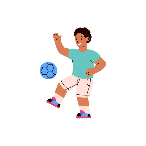 Boy character playing football flat style, vector illustration Boy character playing football flat style, vector illustration isolated on white background. Smiling children hits blue ball, leisure activity. Physical education concept boys soccer stock illustrations