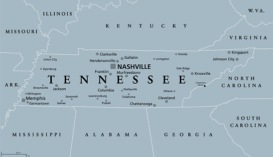 Tennessee, TN, gray political map, with capital Nashville, and with large, important cities. State of Tennessee, located in the Southeastern region of the United States. Nicknamed The Volunteer State.