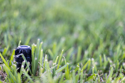 An automatic sprinkler system for watering grass. Blurred. Copy space