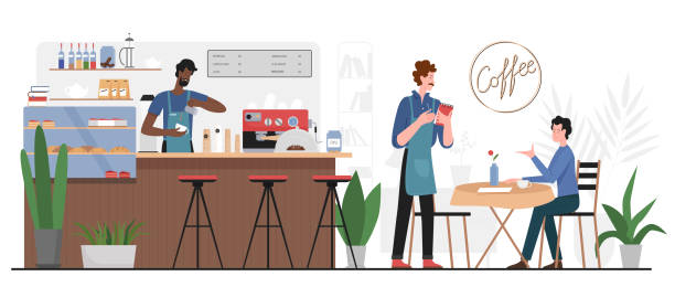 Coffee shop, cafeteria interior with barista behind bar counter, customer, waiter Coffee shop, cafeteria or restaurant interior with barista behind bar counter, customer. Cartoon man sitting at table of cafe, making order to waiter flat vector illustration. Catering service concept barista stock illustrations