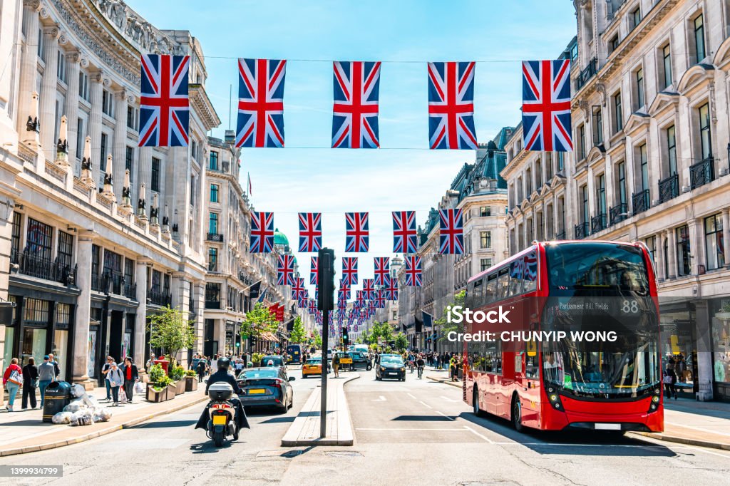 Union Jacks on Oxford Street for the Queen's Platinum Jubilee London - England Stock Photo