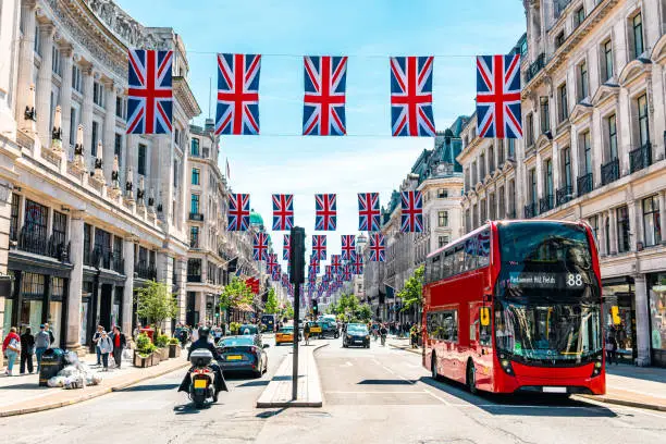 Union Jacks on Oxford Street for the Queen's Platinum Jubilee