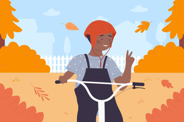 Happy boy cycling in orange autumn park, village landscape, child in safety helmet Happy boy cycling in orange autumn park, village landscape vector illustration. Cartoon child character in safety helmet riding bicycle, cheerful kid showing victory or peace hand gesture background bike hand signals stock illustrations