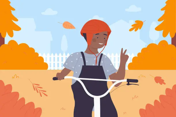 Vector illustration of Happy boy cycling in orange autumn park, village landscape, child in safety helmet