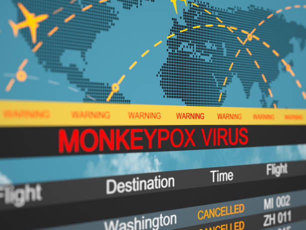 Monkeypox virus. digital concept cancelled flying stock photo