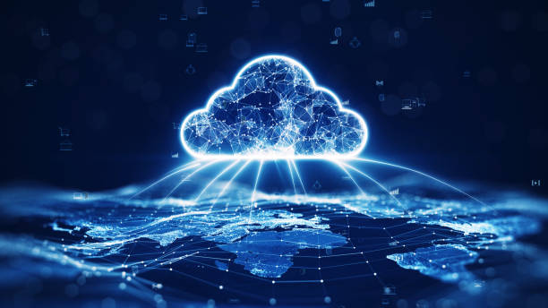 data transfer cloud computing technology concept. There is a large prominent cloud icon in the center with internal connections. and small icon on abstract world map polygon with dark blue background. stock photo