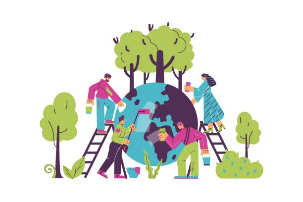 ilustrações, clipart, desenhos animados e ícones de bandeira de mudança climática com pessoas limpando a terra, vetor plano isolado. - footprint carbon environment global warming