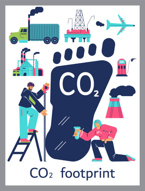 carbon footprint c02 emissionskonzept mit winzigen menschen, flacher vektor isoliert. - c02 stock-grafiken, -clipart, -cartoons und -symbole