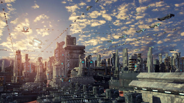 istock 3d rendering. Futuristic city and spaceships 1399936237