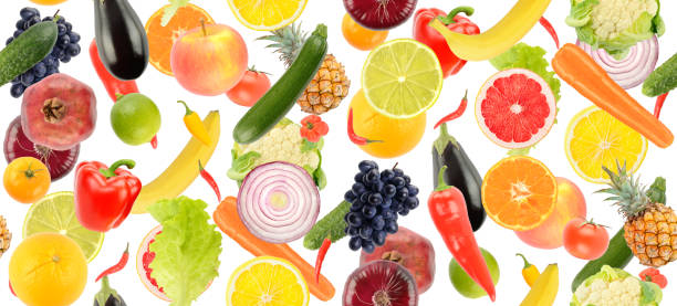 istock Big seamless pattern from healthy fruits and vegetables isolated on white 1399936267