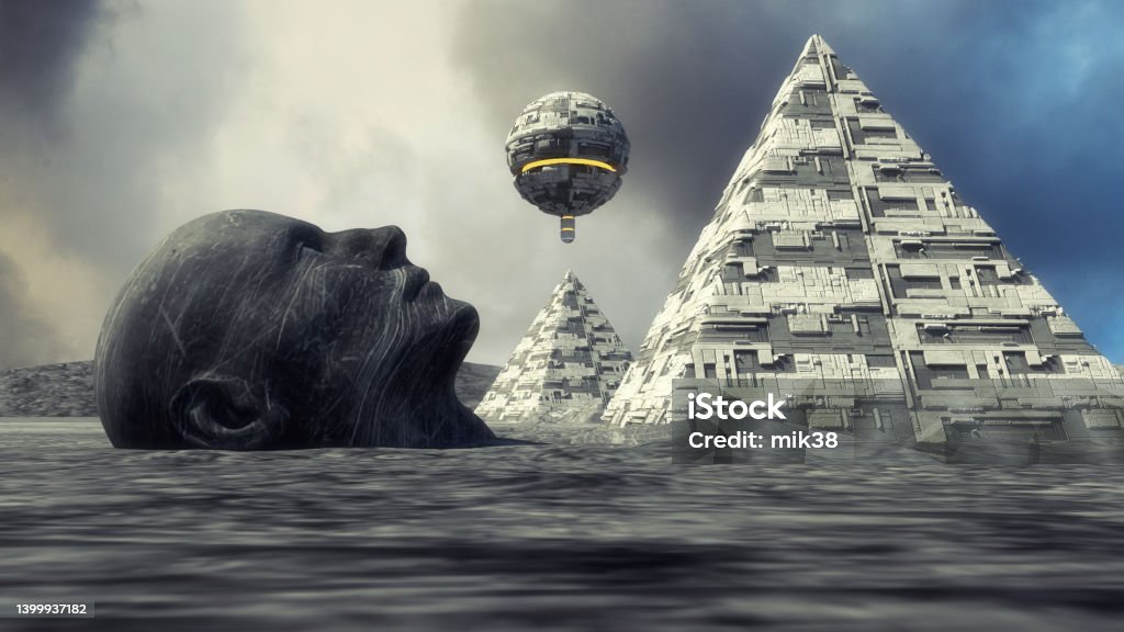 3d rendering. Futuristic unidentified flying object and pyramid UFO Stock Photo