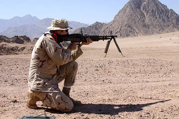 U.S. Soldier firing M-60 machine gun in the desert.