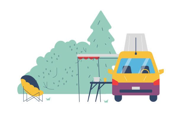 야외 레크리에이션을위한 캠프장 또는 rv 캠핑, 고립 된 평면 벡터 일러스트레이션. - motor home isolated land vehicle luxury stock illustrations