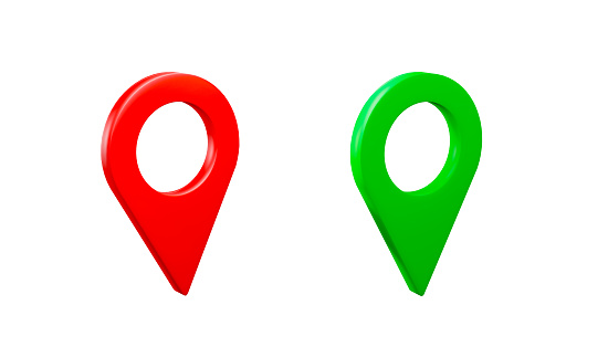 3d render of map pointers red and green colors icon isolated on grey background.Digital image illustration.